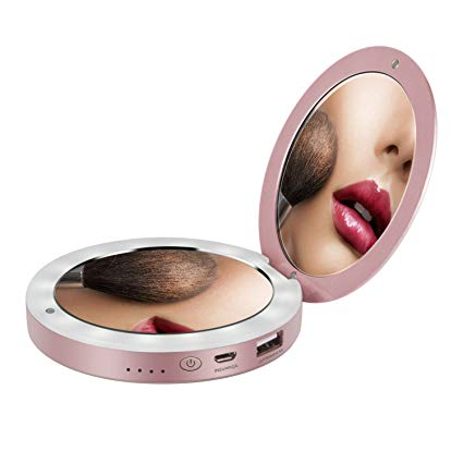 shinngo 3000mAh Portable Charger Mirror Compact Vanity Mirror with Lights for Personal Handheld Makeup (Rosegold)