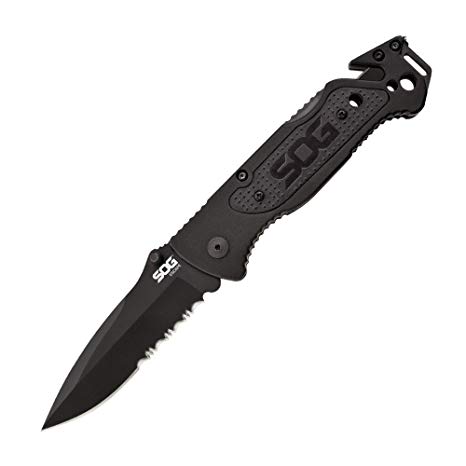 SOG Specialty Knives & Tools FF-25 Escape 3.4-Inch Partially Serrated Folding Knife with Pocket Clip, Tactical Black Finish