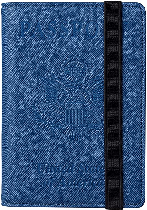 Travelambo RFID Blocking Leather Passport Holder Cover Case Travel Wallet Elastic Strap(Blue CH Stone mill blue)