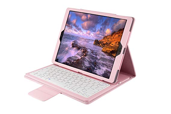 Styqeen Bluetooth Keyboard Case Apple iPad Pro 12.9-inch 2015 2017 Tablet, Folding PU Leather Folio Cover Removable Keyboard (Pink)