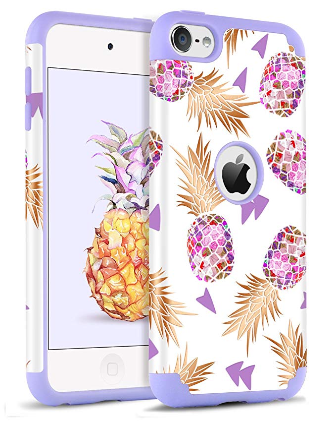 BENTOBEN iPod Touch 5 Case,iPod Touch 6 Case, Hybrid Solid PC Back Cover Soft Silicone Bumper Pineapple Pattern Shockproof Heavy Duty Protective Case for iPod Touch 5th/6th Generation,White/Purple