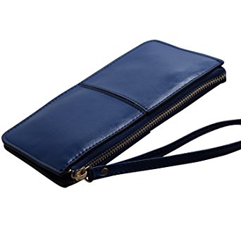 KKMO Woman Girl Zipper Wallet Genuine Long Leather Case Card Holder/Cash pocket/Wrist Leather wallet case for iPhone 5 6S Plus Galaxy S6 S7 Edge Plus Note 4 5 Nexus 5 6P G4 G5 (Dark Blue)