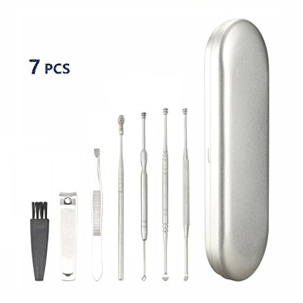 7pcs Ear Wax Removal tool Medical Grade Ear Pick a Clean Brush Included with Stainless Steel Storage Box Easy New-Designed Replacement Tips by BB Hapeayou（Silver）