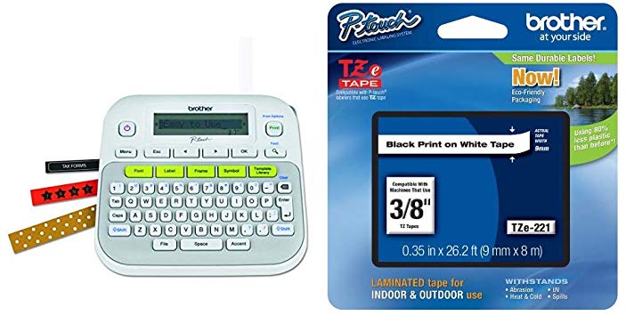 Brother P-Touch, PTD210, Easy-to-Use Label Maker, One-Touch Keys, White & Genuine P-Touch TZE-221 Tape, 3/8" (0.35") Standard Laminated P-Touch Tape, Black on White, 26.2 Feet (8M), Single-Pack