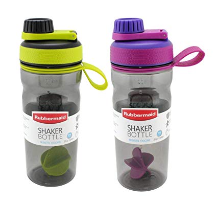 Rubbermaid Shaker Bottle-Odor & Stain Resistant-Great for Mixing Protein Shakes, Juices, Smoothies-BPA-Free, Finger Loop, Five-Sided Paddle Ball for Blending, 20oz, Green/Black & Purple -2 Pack