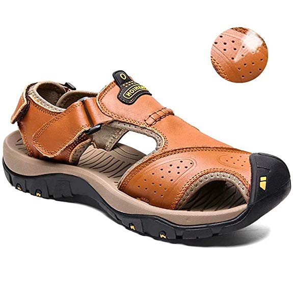 visionreast Mens Leather Sandals Outdoor Hiking Sandals Waterproof Athletic Sports Sandals Fisherman Beach Shoes Closed Toe Water Sandals