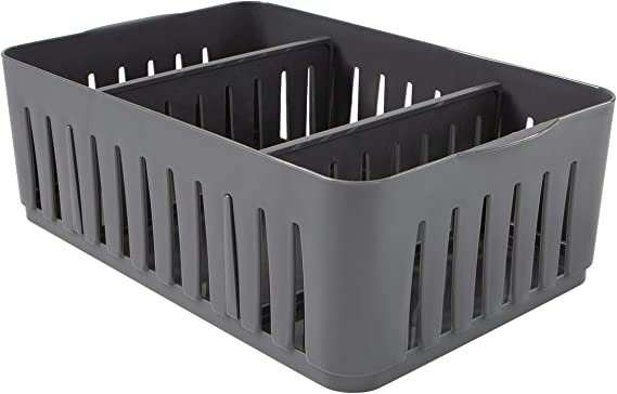 Simplify Stackable Organizer Bin with Adjustable Dividers, 3 Compartment Storage Basket, Good for Office, Home & Dorm, Grey
