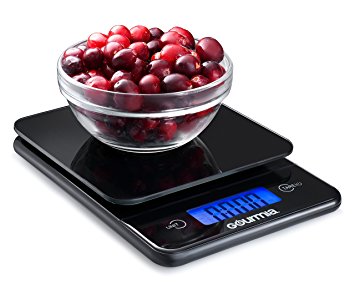 Gourmia GKS9115 Digital Kitchen Scale Tempered Glass Food Scale with LCD Touchscreen Display & Tare Function 5kg [11lb] Capacity. Measures 21.5 x 4.5 x 24.5 cm