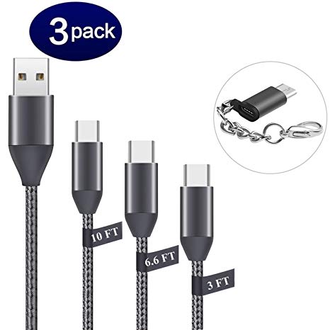 USB C Cables 3Pack(3.3FT 6.6FT 10FT), Type C to USB A 2.0 Charger Nylon Braided Cord Grey for Samsung Galaxy S9 S8 Plus Note 8 LG G6 G5 V20 V30 Moto Z2 Google Pixel 2 XL New MacBook Nintendo Switch