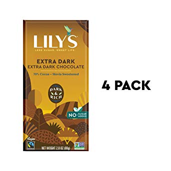 Extra Dark Chocolate Bar by Lily's Sweets | Stevia Sweetened, No Added Sugar, Low-Carb, Keto Friendly | 70% Cacao | Fair Trade, Gluten-Free & Non-GMO | 3 ounce, 4-Pack