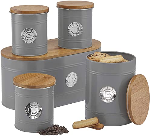 Cooks Professional Kitchen Storage Canister Set 5 Piece Tin Containers for Tea, Coffee, Sugar, Biscuits & Bread with Silver Detailing (Grey)