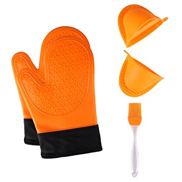 Jonhen Heat Resistant Silicone Oven Gloves Non-Slip with Cotton Lining for Kitchen Baking - Oven Mitts 1 Pair, Bonus Brush & Pot Holder (orange)