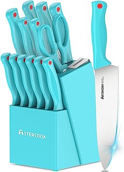 Astercook Knife Set with Built-in Sharpener Block, Dishwasher Safe Kitchen Knife Set with Block, 15 Pcs High Carbon Stainless Steel Block Knife Set with Self Sharpening and 6 Steak Knives, Teal