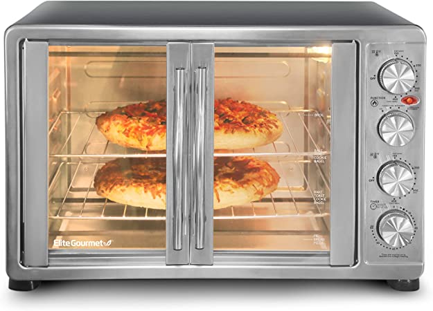 Elite Gourmet ETO4510B# Double French Door 4-Control Knobs Countertop Convection Toaster Oven, Bake Broil Toast Rotisserie Keep Warm 14" Pizza Includes 2 Racks, 18-Slice, 45L