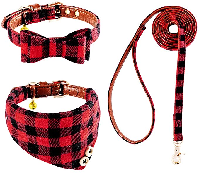 EXPAWLORER Bow Tie Dog Collar and Leash Set Classic Plaid Adjustable Dogs Bandana and Collars with Bell for Puppy Cats 3 PCS