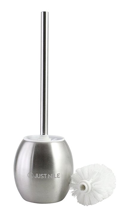 JustNile Luxurious Stainless Steel Toilet Bowl Brush & Holder; Decorative Smooth Surface Caddy & Perfect for Cleaning; Unique, Compact & Sleek Design for Bathroom/Washroom - Silver w/ EXTRA Brushhead