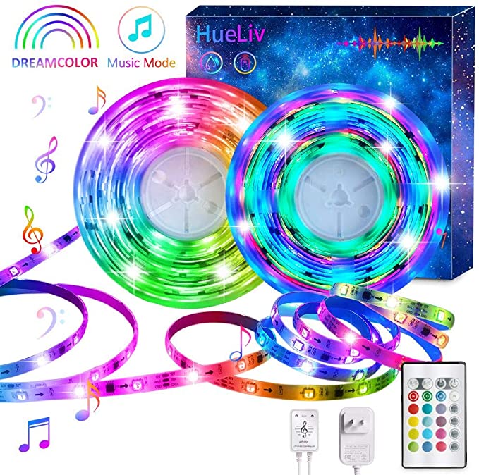 HueLiv Dreamcolor LED Strip Lights 32.8FT Rainbow RGB Color Changing Tape Lights 300 LEDs with Remote Control Sync Music for Bedroom, Kitchen, Party Waterproof