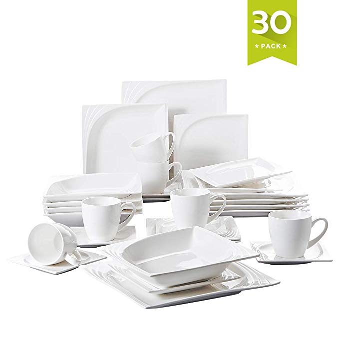 Malacasa, Series Monica, 30-Piece Ivory White Porcelain Dinnerware Set, Cream White Ceramic Living Set with 6 x Cups, Saucers, Dessert Plates, Soup Plates, Dinner Plates