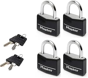 Master Lock 9140EURQBLKNOP Pack of 4 Key Padlocks in Aluminium with Vinyl Cover, Black, 4 x 5.9 x 1.3 cm