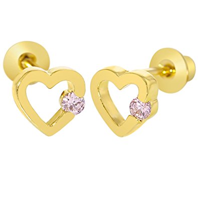 18k Yellow Gold Plated Small Pink Crystal Heart Screw Back Earrings for Girls