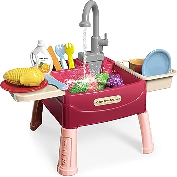 Kids Play Kitchen Sink Toy Set, Children's Toy Set Accessories with Real Faucets Running Water, Pots and Pans, Fruit and Vegetable Cutting Game, Birthday Gift for Toddlers Boys Girls (Red)