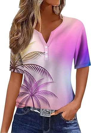 Womens Hawaiian Shirt Henley Short Sleeve Tops Summer Vacation Tshirts Blouses Dressy Casual Rainforest Print Tees