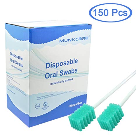 Munkcare Disposable Oral Foam Tipped Swab Mouth Cleaning Swab, Green Tooth Shape, 150 counts