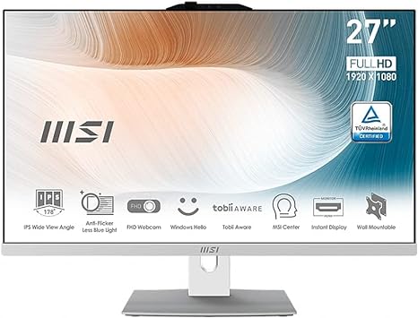 MSI Modern AM272P AIO Desktop, 27" FHD IPS-Grade LED, Intel Core i7-1260P, 16GB Memory (Dual-CHL), 512GB SSD, WiFi 6, BT 5.1, White, Windows 11 Home (12M-028US)