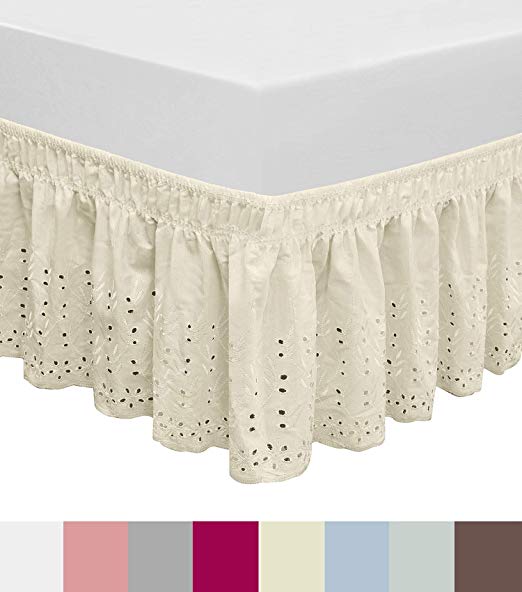 QSY Home Wrap Around Elastic Eyelet Bed Skirts Dust Ruffle Three Fabric Sides Easy On/Easy Off Adjustable Polyester Cotton 14 1/2 Inches Drop(Ivory Twin/Full)