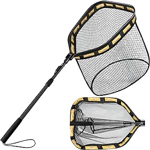 PLUSINNO Floating Fishing Net for Steelhead, Salmon, Fly, Kayak, Catfish, Bass, Trout Fishing, Rubber Coated Landing Net for Easy Catch & Release, Compact & Foldable for Easy Transportation & Storage