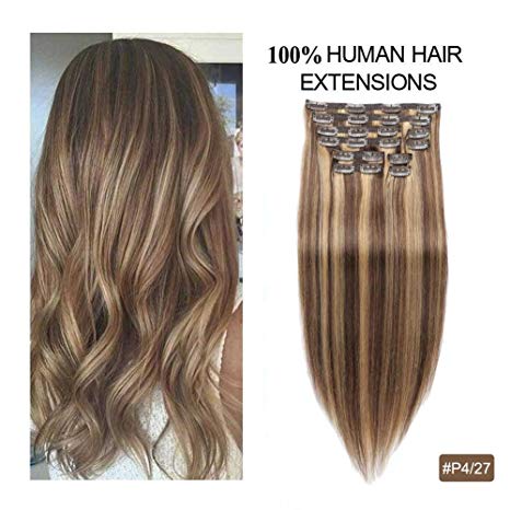 Human Hair Extensions Clip On, Re4U Balayage Hair Extensions Clip in Human Hair Extensions 16inch Highlight Blonde Multi Color Mixed Chocolate Brown(#4/27 10pcs 16" 130g)