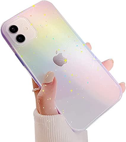 Ownest Compatible with iPhone 12 Case,iPhone 12 Pro Case,Colorful Clear Rainbow Glitter Bling Design TPU and PC Protection Case for Women Girls for iPhone 12/12 Pro-Purple