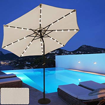 ABCCANOPY 9 FT Solar Powered Patio Umbrella 32LED Lights Solar Umbrella with Tilt and Crank,Beige