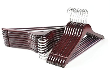 TOPIA HANGER Extra Strong Cherry Wooden Suit Hangers, Solid Wood Coat Hangers, Glossy Finish with Extra Thick Chrome Hooks & Anti-slip Bar, 16-Pack CT01M