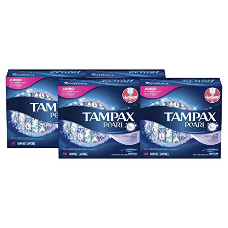 Tampax Pearl Tampons with Plastic Applicator, Light Absorbency, Unscented, 50 Count-Pack of 4 (200 Count Total)