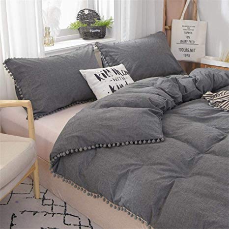 Softta Grey Duvet Cover Queen Bedding Vintage Pom-Fringe Pompom Duvet Cover Ruffle 3 Pcs Boho Quilt Cover 100% Washed Cotton Baby Teen Girls with Zipper Closure