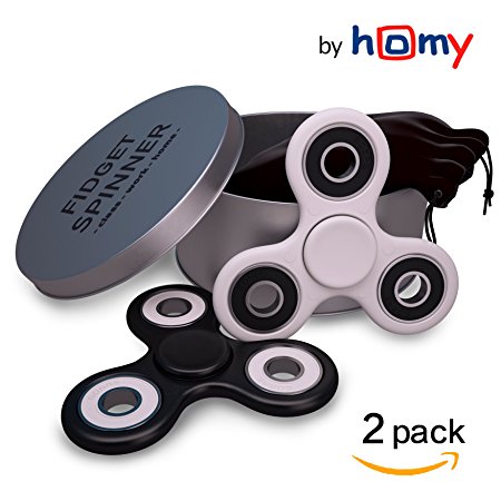 [2-Pack] HOT Premium Fidget Tri Spinner Pocket Toy with High Speed Ceramic Bearings Si3N4 Long Spin. Best Hand Stress Reduce Adult Concentration, Black White series, 2 Pouches, Metal Gift Box by Homy
