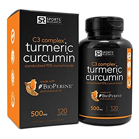 Sports Research Turmeric Curcumin C3 Complex 500 Mg with 95% Curcuminoids,Bioperine and Organic Virgin Coconut Oil. 120 Capsules