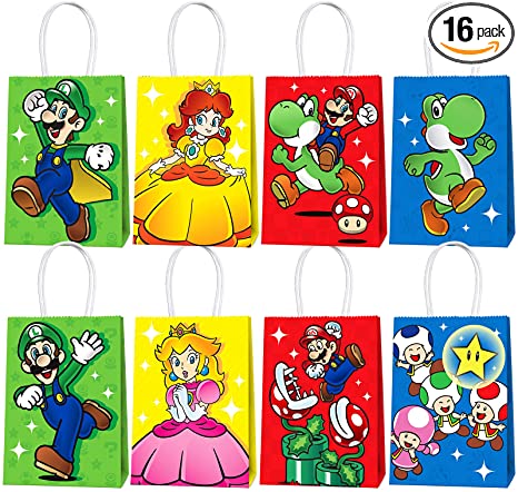 Rekcopu Super Bros Mario Party Favor Bags for Super Bros Mario Birthday Party Supplies, Party Gift Bags for Super Bros Mario Party Favors, Super Bros Mario Themed Birthday Decorations Set of 16