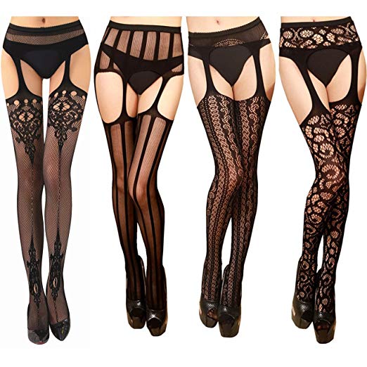 TGD Womens Fishnet Tights Suspender Pantyhose Thigh-High Stockings Black 4 Pairs