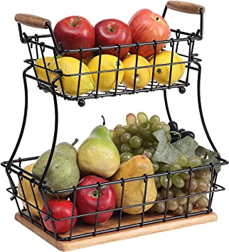 SunnyPoint 2-Tier Rectangle Countertop Fruit, Bread Wire Basket (Black, Metal   Wood base)