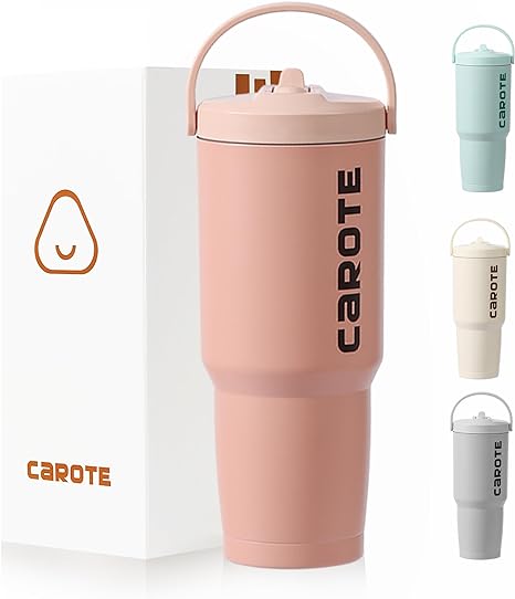 CAROTE Tumbler with Lid and Straw, Stainless Steel Cups, Insulated Tumbler with Flex Cap, Vacuum Insulated Water Bottle for Home, Office or Car, 32Oz, Pink