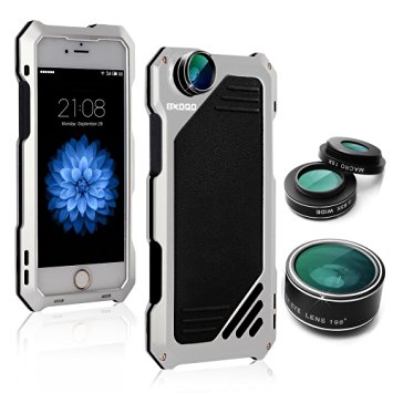 iPhone 6/6s Camera Lens Kit, OXOQO 3 in 1 198° Fisheye Lens   15X Macro Lens   Wide Angle Lens with IP54 Dustproof Shockproof Aluminum Case, Built-in Screen Protector 4.7 Inches(Silver)