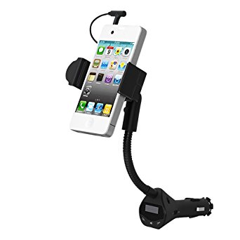Longko Cell Phone Cigarette Mount Holder w/ Car USB Charger, FM Transmitter [Handsfree Calling Grip Clip, Adjustable Bracket] Upgraded Edition