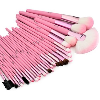 Glow 30 Pc Professional Wooden Handle Makeup Brushes Set in Pink Case