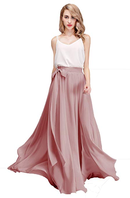 Honey Qiao Women's Chiffon Maxi Skirt Bridesmaid Dresses Long High Waist Floor/Ankle Length Elastic Woman Dresses with Belt