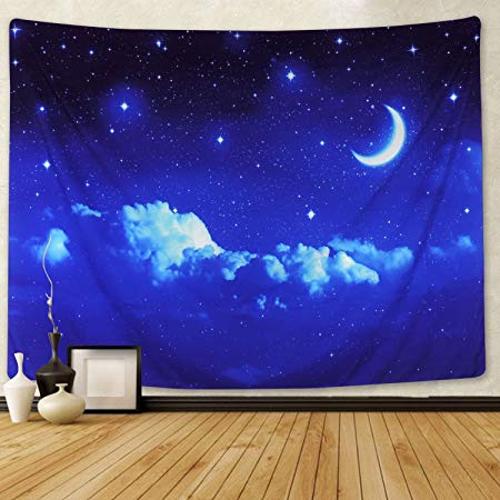 Moon and Stars Tapestry Wall Hanging White Cloud Tapestry Blue Starry Tapestry Galaxy Tapestry Universe Night Sky Wall Tapestry Space Decor Tapestry for Bedroom Living Room Dorm Room