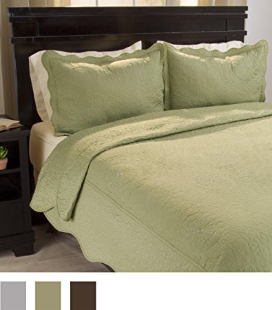 Lavish Home Vera Embroidered 3 Piece Quilt Set - Sage - King