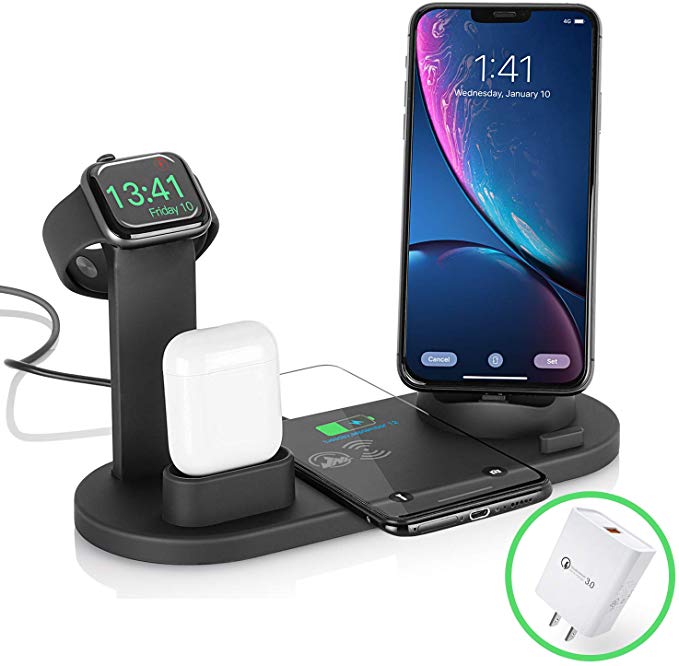 Wireless Charger,3 in 1 Wireless Charging Stand, Apple Watch Fast Charging Station, QI Wireless Charging Station, Placement for Airpods. Compatible with iPhone Xs/XS MAX/XR/X/8/8Plus, AirPods, iWatch
