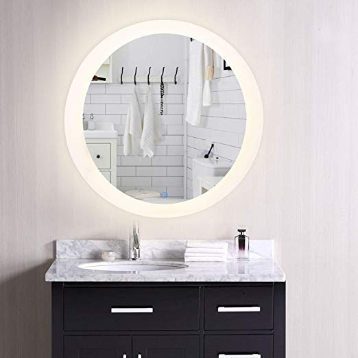 CO-Z Dimmable Round LED Bathroom Mirror, Plug-in Modern Lighted Wall Mounted Mirror with Lights&Dimmer, Contemporary Fogless Light Up Backlit Touch Vanity Cosmetic Bathroom Mirror Over Sink